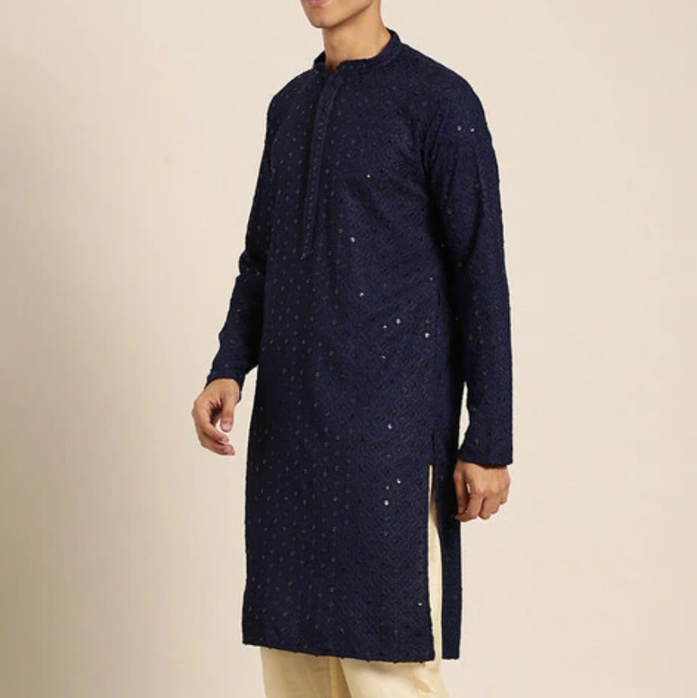 Navy Embroidered Kurta Shirt for Men
